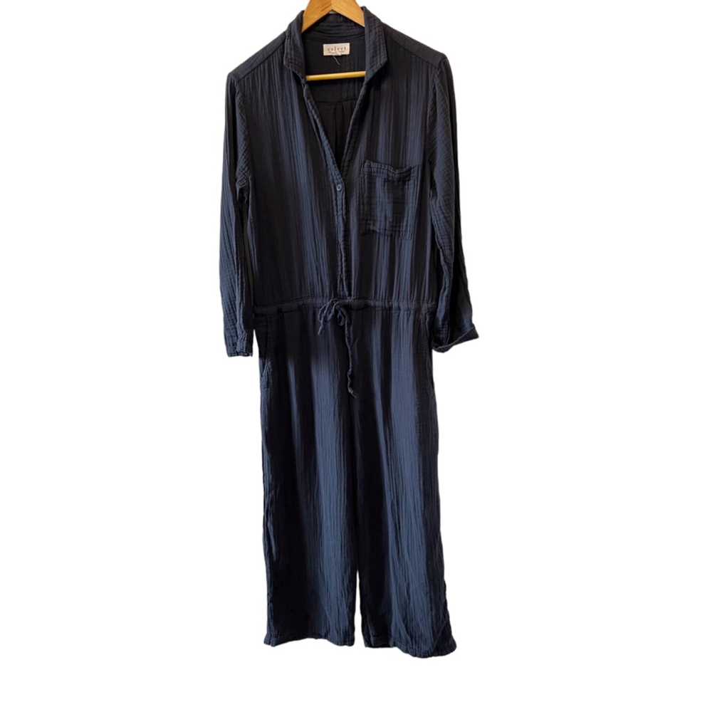 VELVET by GRAHAM & SPENSER Navy Blue 3/4 Sleeve Wide Leg Cinch Waist Jumpsuit M